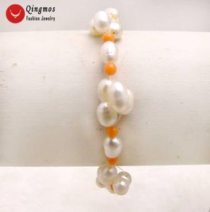 cuentas de 6mm envío gratis al por mayor-Beaded Strands Qingmos Pulsera de perlas naturales para mujer con mm Arroz blanco mm Joyería de coral naranja BRA340 Free Ship