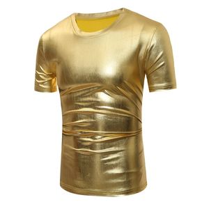shorts de ouro brilhante venda por atacado-Shiny Gold Coated Metallic Camiseta Homens Night Club EE Homme Slim Fit Manga Curta Shirt Hip Hop
