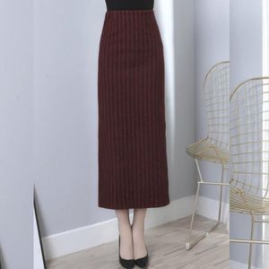 Höst Vinter Tjocka Straight Striped Kjolar Kvinnor Elegant Office Ladies Vintage Bodycon Maxi Wrap Woolen Midi Skirt Saia