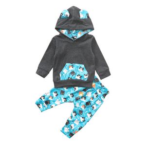 Ubrania Baby Cute sztuk Outfit Maluch Z Długim Rękawem Z Kapturem Kreskówka Kot Niedźwiedzia Print Pant Set Baby Unisex Jesień Zimowa Odzież Zestawy B3