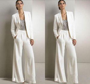 Nieuwe Bling Pailletten Ivory White Pants Suits Moeder van de Bruid Jurken Formele Chiffon Tuxedos Dames Party Draag nieuwe Mode Bescheiden