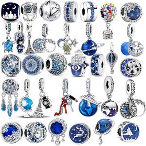 Wholesale glass spacer beads resale online - 925 Sterling Silver Blue Series Moon Plane Space Glass Beads Clip Charm Fit Original Pandora Bracelet Bangle Jewelry Gift