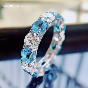 Klaster pierścienie Shipei Sterling Silver Round Cut Utworzone MOISSANITE AQUAMARINE Gemstone Wedding Band Grzywny Biżuteria Para Ringa