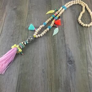 Chokers Design Women Jewelry Wood Bead Buddha Pendant Handmade Tassel Long Necklace Boho Style Knotted
