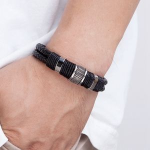 Dubbelskikt vävt läder rep wrapping charm armband klassiskt rostfritt stål män designer armband
