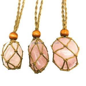 pendentif cristal de rose achat en gros de Cristal naturel pierre rose lisse rose quartz collier pendentif guérison bijoux breloques à la main rétro de poche de poche rétro la corde