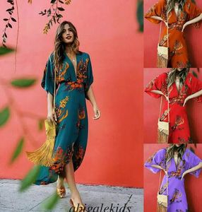 kimono tarzı maxi elbiseleri toptan satış-2021 Bayan V Boyun Wrap Elbise Çiçek Baskı Kimono Tarzı Yarım Kollu Uzun Maxi Elbiseler Boho Bayanlar Beach Vestido Artı Boyutu