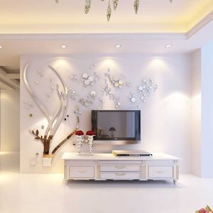 akrilik kristal çıkartmalar toptan satış-Modern Ağaç Ayna Kristal Akrilik Duvar Çıkartmaları Oturma Odası TV Kanepe Arka Plan D DIY Sticker Ev Dekor Çıkartmaları
