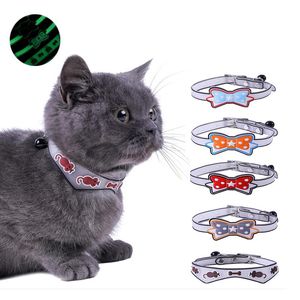 Cat Collars Leads Luminous Dog Collar Pet With Bells Necklace Glow In Dark Anti Loss Choker Printed Puppy Neck Ring Accessories