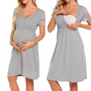 stillen nachthemd großhandel-Mutterschaftskleider Stillen Nachthemd für schwangere Frauen Spitze Kurzarm Pflegekleid V ausschnitt Nachthemd Patchwork Home