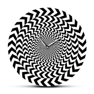 horloges murales blanches noires achat en gros de Illusion optique géométrique spirale moderne hypnotique noir et blanc de vision d horloge silencieux balayage abstrait mur Art