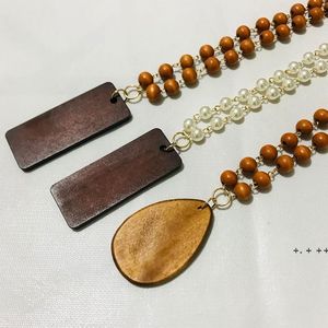 4 stilar Pearl Wooded Pärlor Halsband Favorit Wood Chip Pendant Kvinnor Tröja Kedja DIY Trä Hantverk Dekoration RRB13399