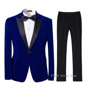 Custom Made Groomsmen Black Lapel Groom Tuxedos Velvet Men Garnitury Ślub Royal Blue Blazer Suit Kurtka spodnie Męskie Blazers