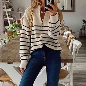 Autumn Winter Women Casual Long Sleeve Striped Patchwork Jumpers Ladies Loose Knitted Sweaters Fashion Zip V Neck Tops Pullover