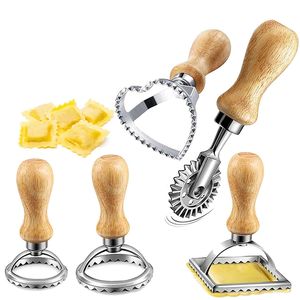 Ravioli Stamp Maker Cutter Kitchen Pasta Tools Embossed Biscuit Mould with Wooden Handle and Fluted Edge Pastry Roller Wheel Cookie Cake Mold