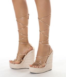 Wholesale ring sandals for sale - Group buy Summer Breeze Cool And Simple Straw Slope Heel Waterproof Platform Thick Foot Ring Lace Up Women s Sandals High Heels
