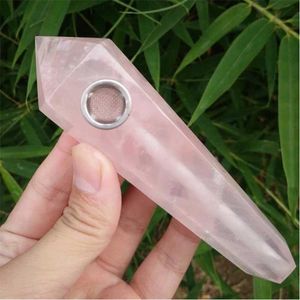 Decorative Objects Figurines Natural Pink Rose Quartz Crystal Smoking Pipes Fantasy Starry Sky Cigarette With Metal Smoke Filter Pipe