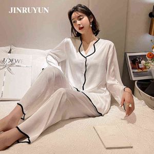 Pajamas set ladies long sleeved White pink color Sleepwear Nightgowns for sleeping thin ice silk air conditioning suit woman Y1006