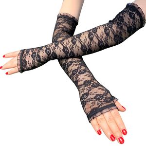 uzun siyah dantel parmaksuz eldiven toptan satış-40 cm Düğün Şeffaf Parmaksız Eldiven Dantel Kadınlar Siyah Kırmızı Beyaz Moda Bahar Gelin Seksi Uzun Mittens