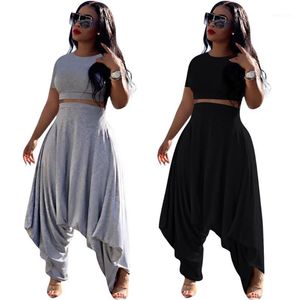 Wholesale sexy black two piece outfits for sale - Group buy Black Gray Two Piece Set Crop Tops And Long Harem Pants Sexy Summer Casual Short Sleeve Women Solid Color Outfits Women s Tracksuits