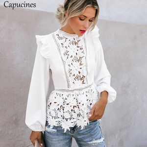 yaz beyaz bluz toptan satış-Capucines Dantel Ekleme Ruffled Yüksek Bel Beyaz Gömlek Bluz Kadınlar Nakış Anahtar Dişi Geri Zarif Yaz Şık Tops tj