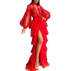 bayanlar çince elbise kırmızı toptan satış-Günlük Elbiseler Çin Tarzı Kırmızı Elbise Düz Renk Yüksek Bel Ziyafet Akşam Ofis Bayanlar Seksi Mesh Uzun kollu Balo