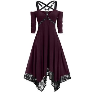 Casual Dresses Gothic Black Dress Women Open Shoulder Half Sleeve Lace Party Club Elegant Plus Size Vestidos