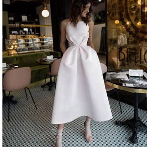 Party Dresses Simple White Short Satin Plus Size Trendy Tea Length Women s Homecoming Prom Gowns With Pockets