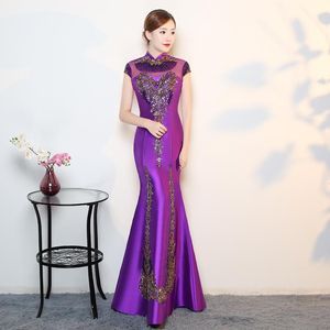 Wholesale long purple dresses for weddings resale online - Casual Dresses XL Purple Modern Cheongsam Sexy Qipao Women Long Traditional Chinese Oriental Wedding Evening Wear Orientale