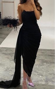 Eenvoudige zwarte plooi chiffon prom jurken strapless asymmetrische enkel lengte avond feestjurk sexy dame formele jurk