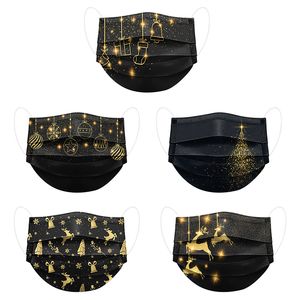 schwarz und gold gesichtsmaske großhandel-Erwachsene schwarze Maske Weihnachtsdesigner Gesichtsmasken Druck Gold Weihnachtsbäume Socken Schichten Schöne Einweg Vlies Cover Mund
