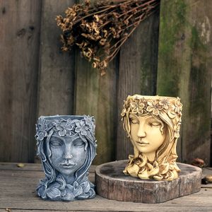 vasos de flores de resina venda por atacado-Estátua de deusa vasos de flores cabeça menina suculento flor panela retro vaso casa decoração jardim plantador mesa decoração resina pots gwd12321