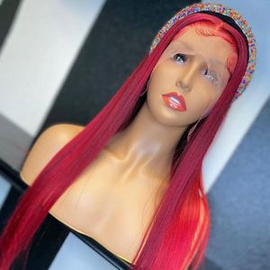 queens lace front wigs toptan satış-Sentetik Peruk inç Uzun Ipeksi Düz Kırmızı Renk Precduced x4 Dantel Ön Peruk Bebek Saçlı Kadınlar için Günlük Cosplay Dray Kraliçe