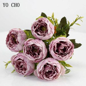 ヨー6ヘッズ ブーケ牡丹造花シルクピネリーブーケホワイトピンクの結婚式の家の装飾偽の牡丹の花T191029