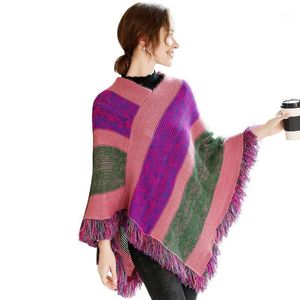 Wholesale v neck ponchos resale online - Women Ethnic Knitted Poncho Cape Color Block Striped Tassels Pullover Sweater V Neck Winter Warm Shawl Wrap Top