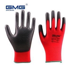 guantes de trabajo mecánico al por mayor-6 pares de guantes de trabajo CE EN388 rojo poliéster negro PU mecánico trabajando guantes antiestáticos para el guante de seguridad de trabajo para mujeres hombres
