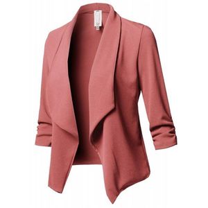 розовая офисная одежда
 оптовых-Женские костюмы Blazers осенние женщины Blazer мода твердый воротник поворотный воротник повседневная куртка пальто элегантные офисные одежды дамы негабаритные розовые