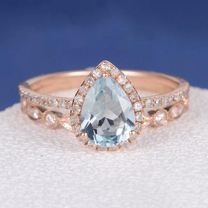 Cxsjeremy päronformad mm Naturlig Aquamarine Engagement Ring Set K Rose Gold Bridal Anniversary Gift Kvinnor Antik Cluster Rings