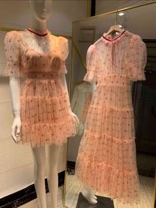 Pink Blue Women Sweet Summer Mesh Dress Embroidery Puff Short Sleeve Semi Sheer Maxi