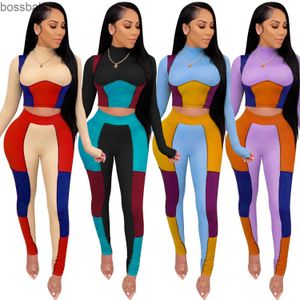 panel joggörü toptan satış-Kadın Eşofman Tasarımcılar Giysileri Bahar Joggers Takım Elbise Güz Kıyafetleri Panelli Renk Moda Ince Kalça Seksi Sıkı Tayt Push Up İki Parçalı Set