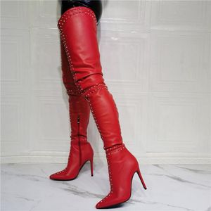 red over the knee boots leather