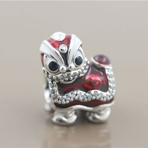 925 Sterling Silver Chinese Lion New Year Bead with Clear Crystal Fits European Pandora Style Charm Armbanden