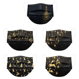 schwarz und gold gesichtsmaske großhandel-Erwachsene schwarze Maske Weihnachtsdesigner Gesichtsmasken Druck Gold Weihnachtsbäume Schichten Schöne Einweg Vlies Cover Mund