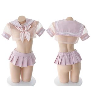 Bras sets anime school meisjes cosplay kostuum schattige sexy roze zeeman uniforme jurk mini rok mesh perspectief lingerie set exotische kleding