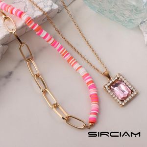 Wholesale pink bead necklaces resale online - Pendant Necklaces Sweet Pink Square Crystal Soft Pottery Clay Beaded Necklace For Women Double Layered Handmade Choker Girls Boho Vacation J