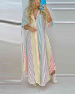 Kjolar Kvinnors sommar Striped Button High Slit Shirt Maxi Dress Femme Nedgång Casual Collar Robe Lady Office WYG6