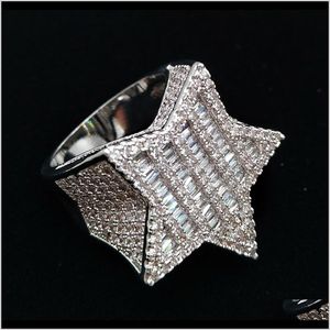 18K White Mens Bling Cubic Zirconia Pentagram Hip Hop Ring Guys Full Diamond Iced Out Rapper Jewelry Gifts For Dh3Yi Band Rings D8Ujl