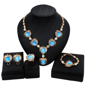 Kolczyki Naszyjnik Wykwintne i eleganckie ze stopu Diamentowe Light Blue Round Opal Electloplating Biżuteria Zestaw