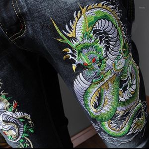Heren jeans Dragon Embroidery Lente Zomer Herfst Hombre Hight Street Punk Rock Potlood Denim Pant Strechy Blue Black