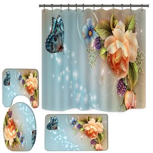 Eleganckie kwiaty wzór zasłona prysznicowa z haków łazienka dekoracja wodoodporna tkanina poliestrowa zasłony kąpielowe toaleta pokrywa mata antypoślizgowa dywan